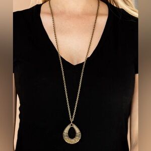 Glitz and Grind Bronze Toned Teardrop Pendant Long Necklace and Earrings Set